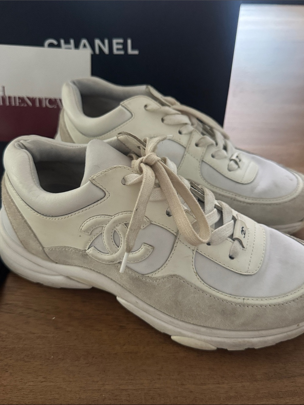 CHANEL Cream & Ivory Leather Suede CC Logo Sneakers